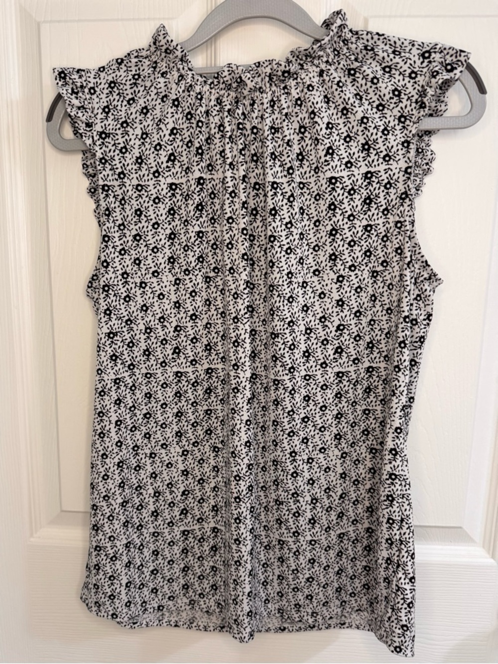 Adrianna Papell Black & White Floral Ruffle Mock Neck Top